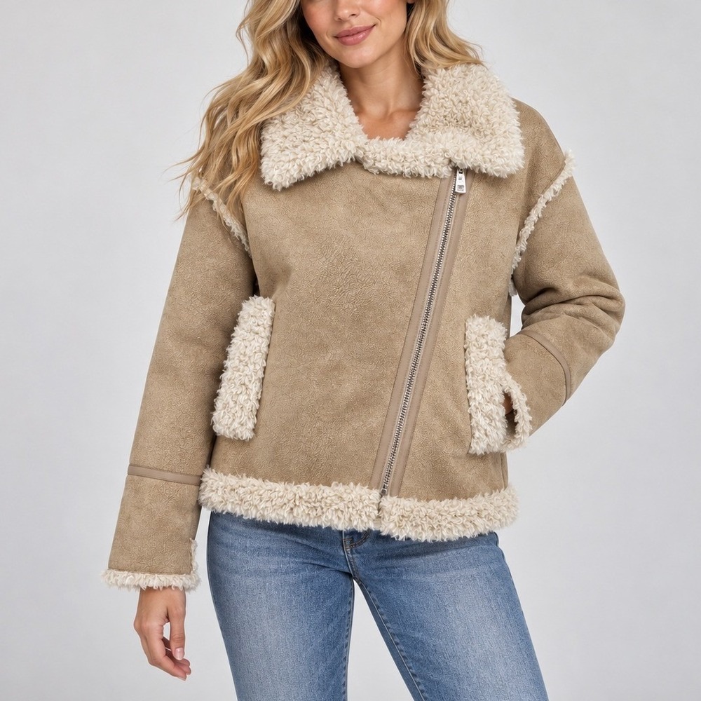 NVLT Faux Shearling Moto Jacket M Tan Asymmetrical Zip Aviator